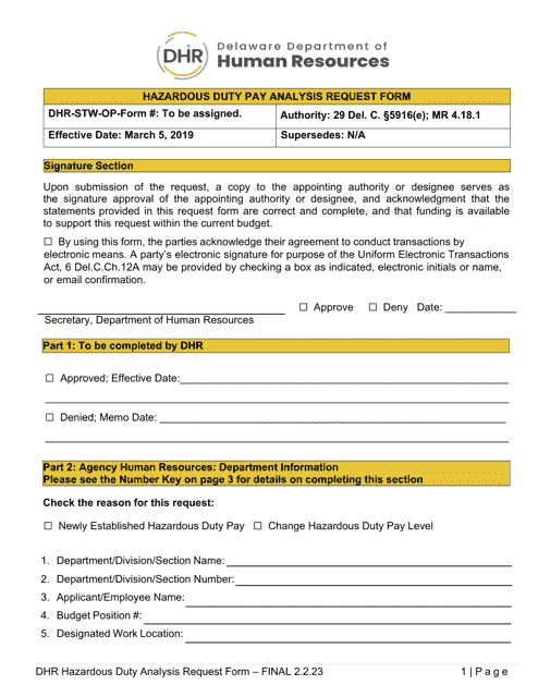 Hazardous Duty Pay Analysis Request Form - Delaware Download Pdf
