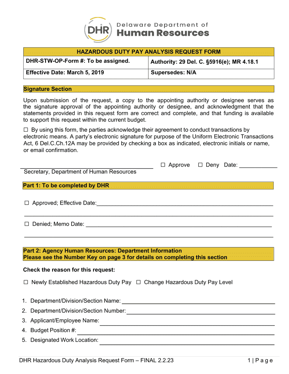 Hazardous Duty Pay Analysis Request Form - Delaware, Page 1