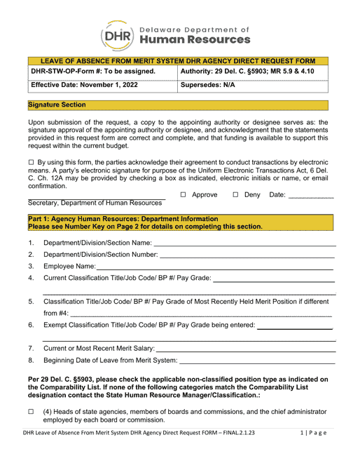 Leave of Absence From Merit System Dhr Agency Direct Request Form - Delaware Download Pdf