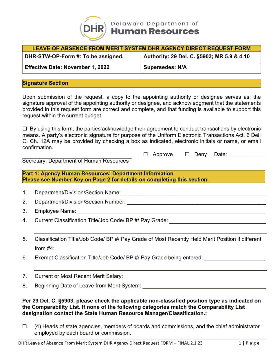 Leave of Absence From Merit System Dhr Agency Direct Request Form - Delaware, Page 1