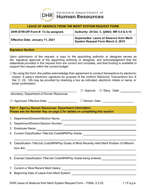 Leave of Absence From the Merit System Request Form - Delaware Download Pdf