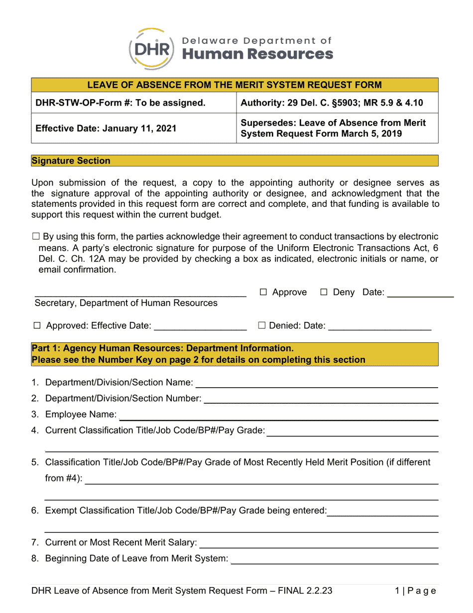 Delaware Leave of Absence From the Merit System Request Form - Fill Out ...