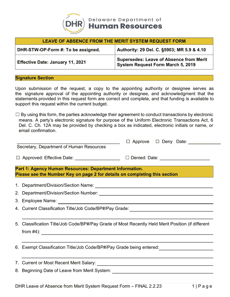 Leave of Absence From the Merit System Request Form - Delaware, Page 1