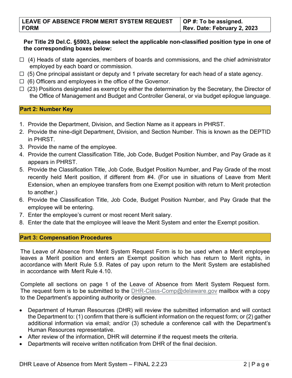 Leave of Absence From the Merit System Request Form - Delaware, Page 2