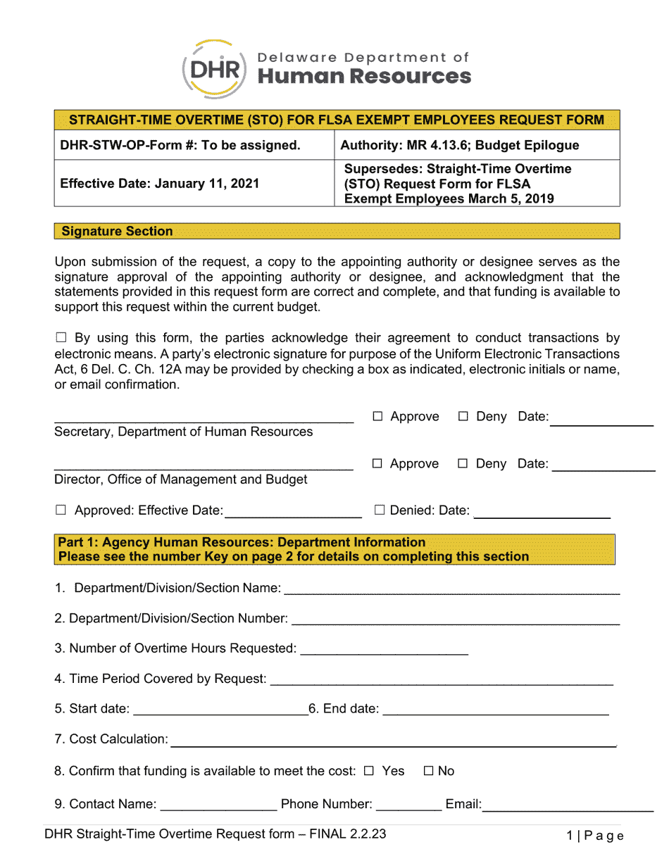 Straight-Time Overtime (Sto) for Flsa Exempt Employees Request Form - Delaware, Page 1
