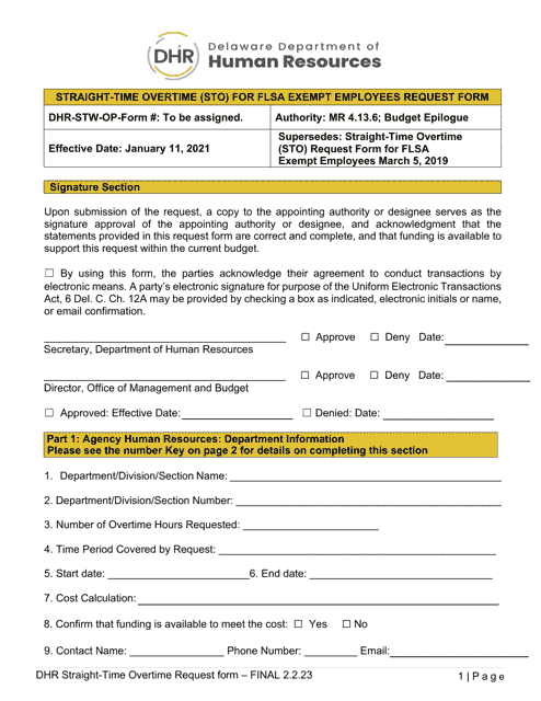 Straight-Time Overtime (Sto) for Flsa Exempt Employees Request Form - Delaware Download Pdf