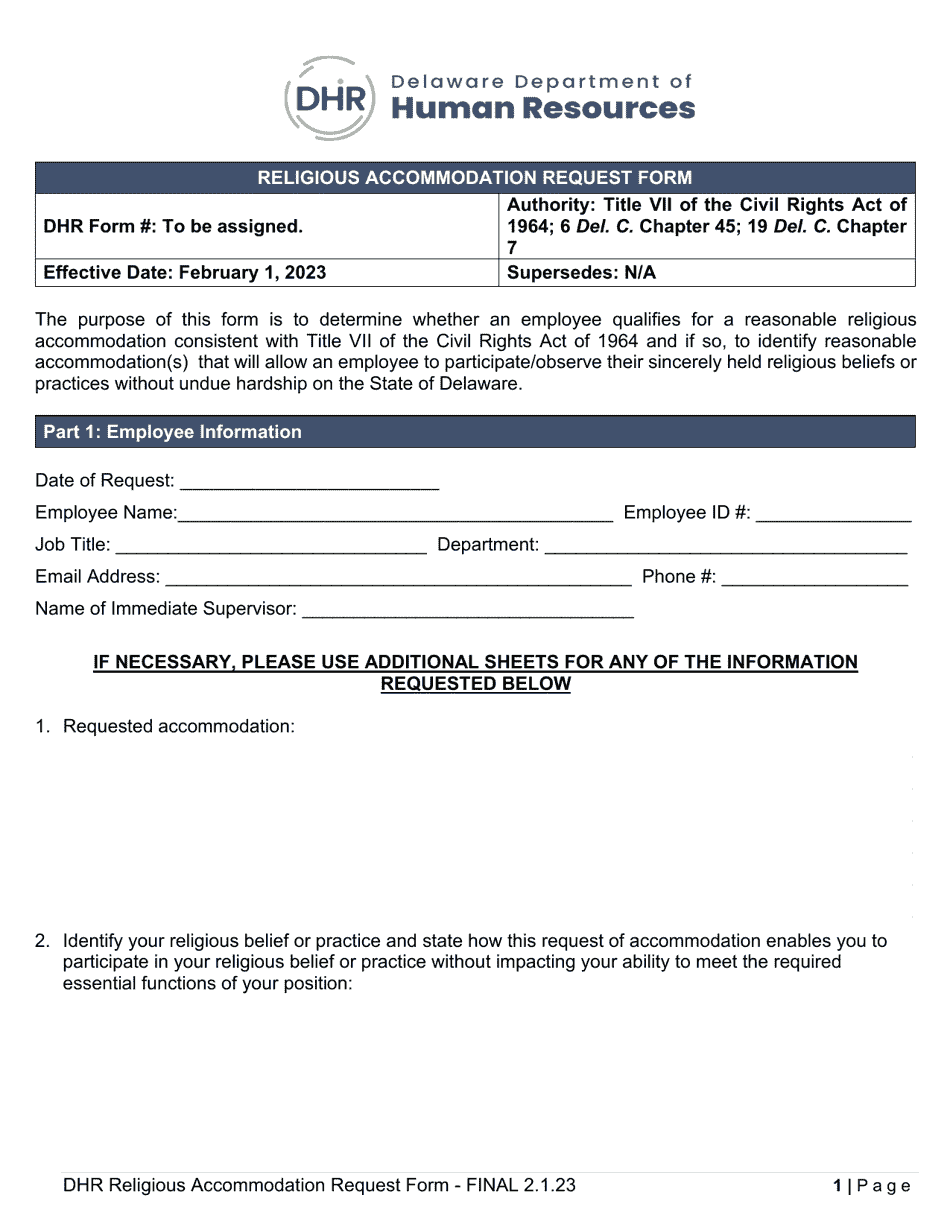 Religious Accommodation Request Form - Delaware, Page 1