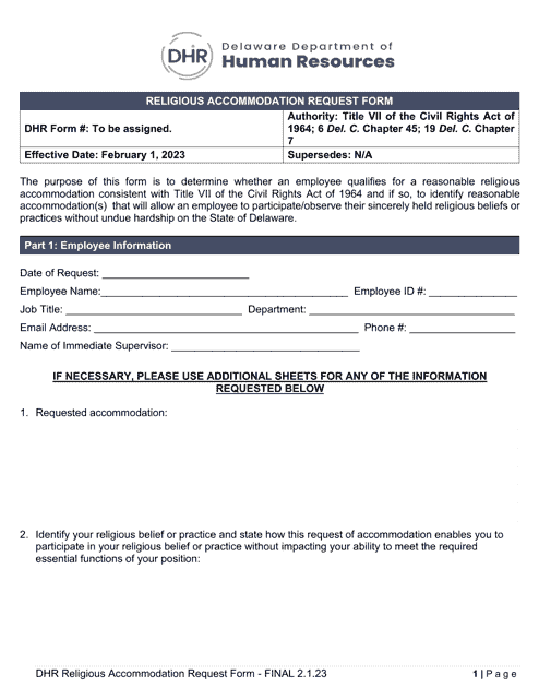 Religious Accommodation Request Form - Delaware Download Pdf