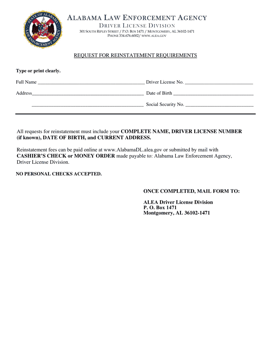 Alabama Request for Reinstatement Requirements Fill Out, Sign Online and Download PDF