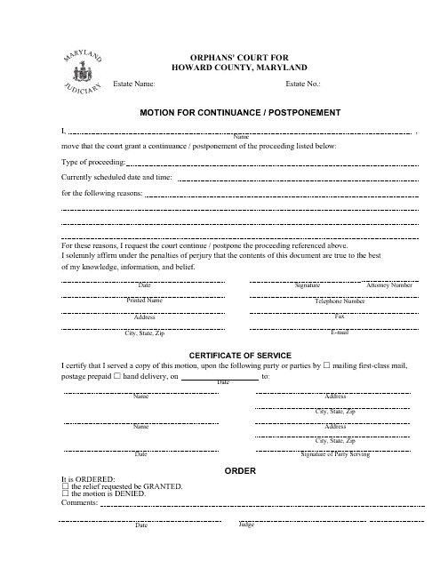 Motion for Continuance / Postponement - Howard County, Maryland Download Pdf