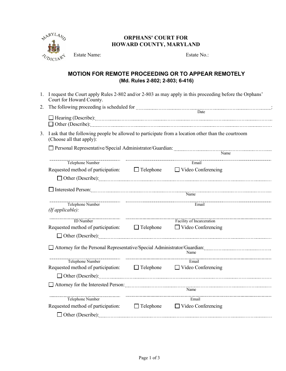 Howard County, Maryland Motion for Remote Proceeding or to Appear