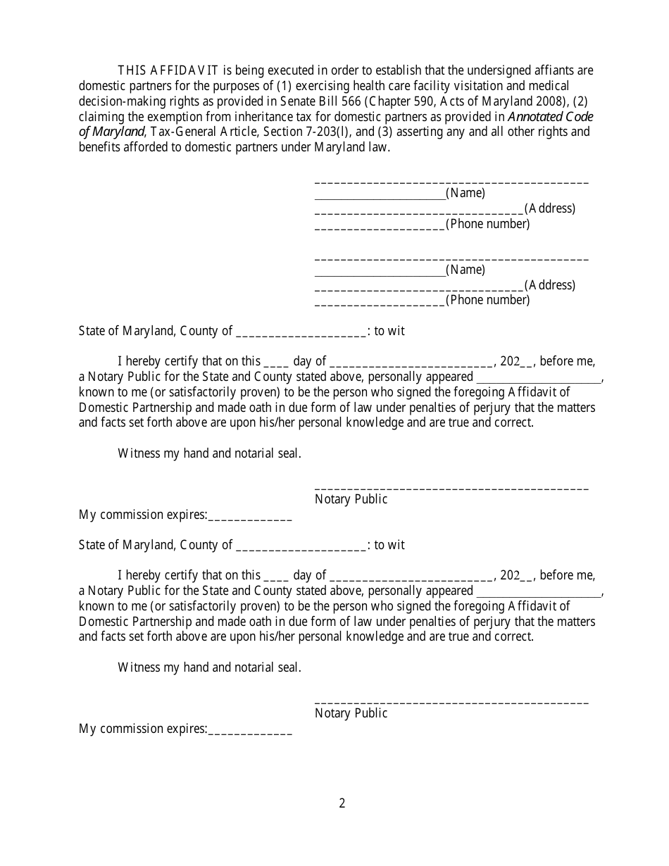 Howard County, Maryland Domestic Partner Inheritance Tax Exemption for Real Property Fill Out