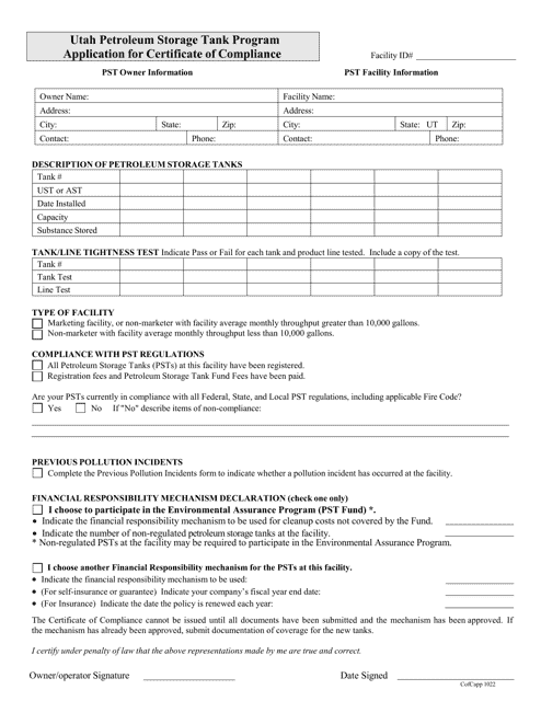 Application for Certificate of Compliance - Utah Petroleum Storage Tank Program - Utah Download Pdf