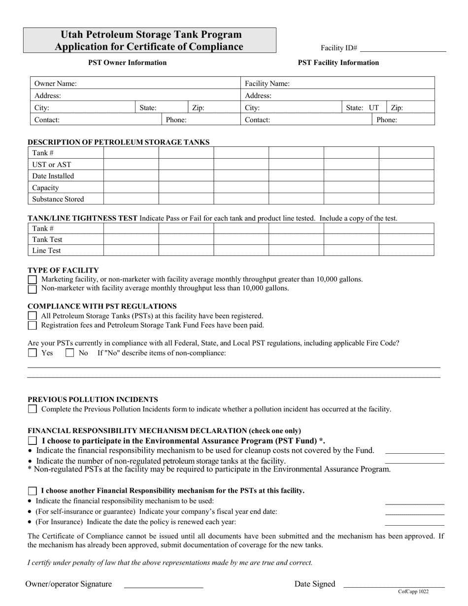 Application for Certificate of Compliance - Utah Petroleum Storage Tank Program - Utah, Page 1