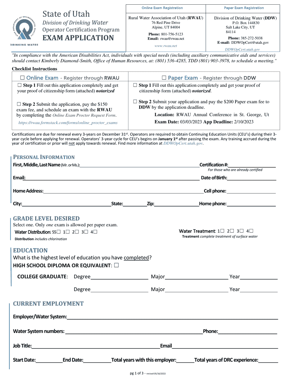 Exam Application - Operator Certification Program - Utah, Page 1