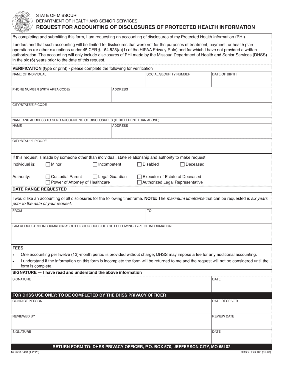 Form MO580-3403 Request for Accounting of Disclosures of Protected Health Information - Missouri, Page 1
