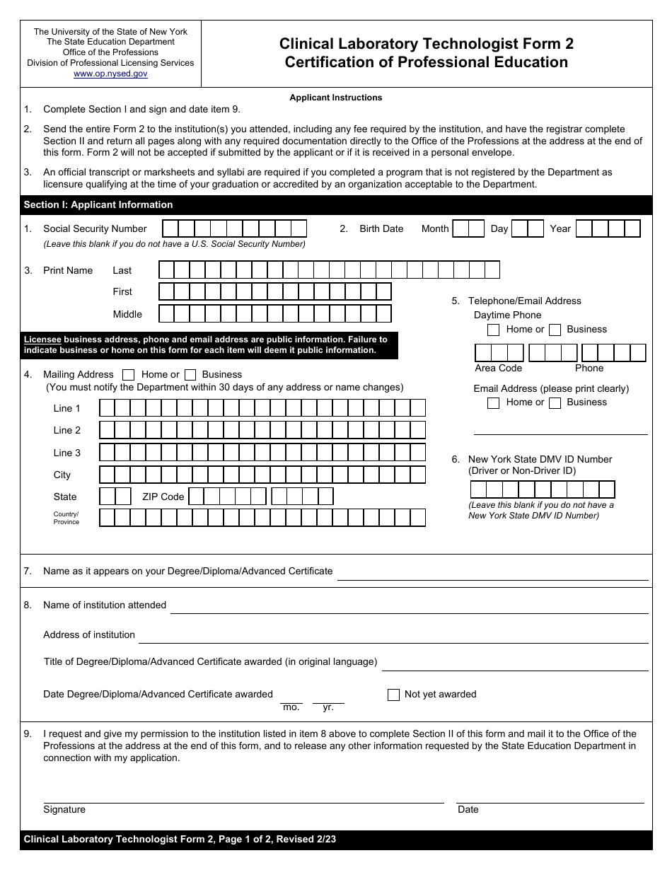 Clinical Laboratory Technologist Form 2 Certification of Professional Education - New York, Page 3