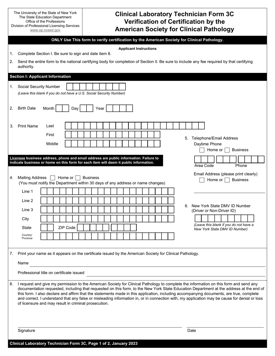 Clinical Laboratory Technician Form 3C Verification of Certification by the American Society for Clinical Pathology - New York, Page 1
