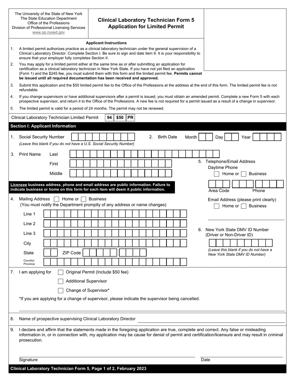 Clinical Laboratory Technician Form 5 Application for Limited Permit - New York, Page 1