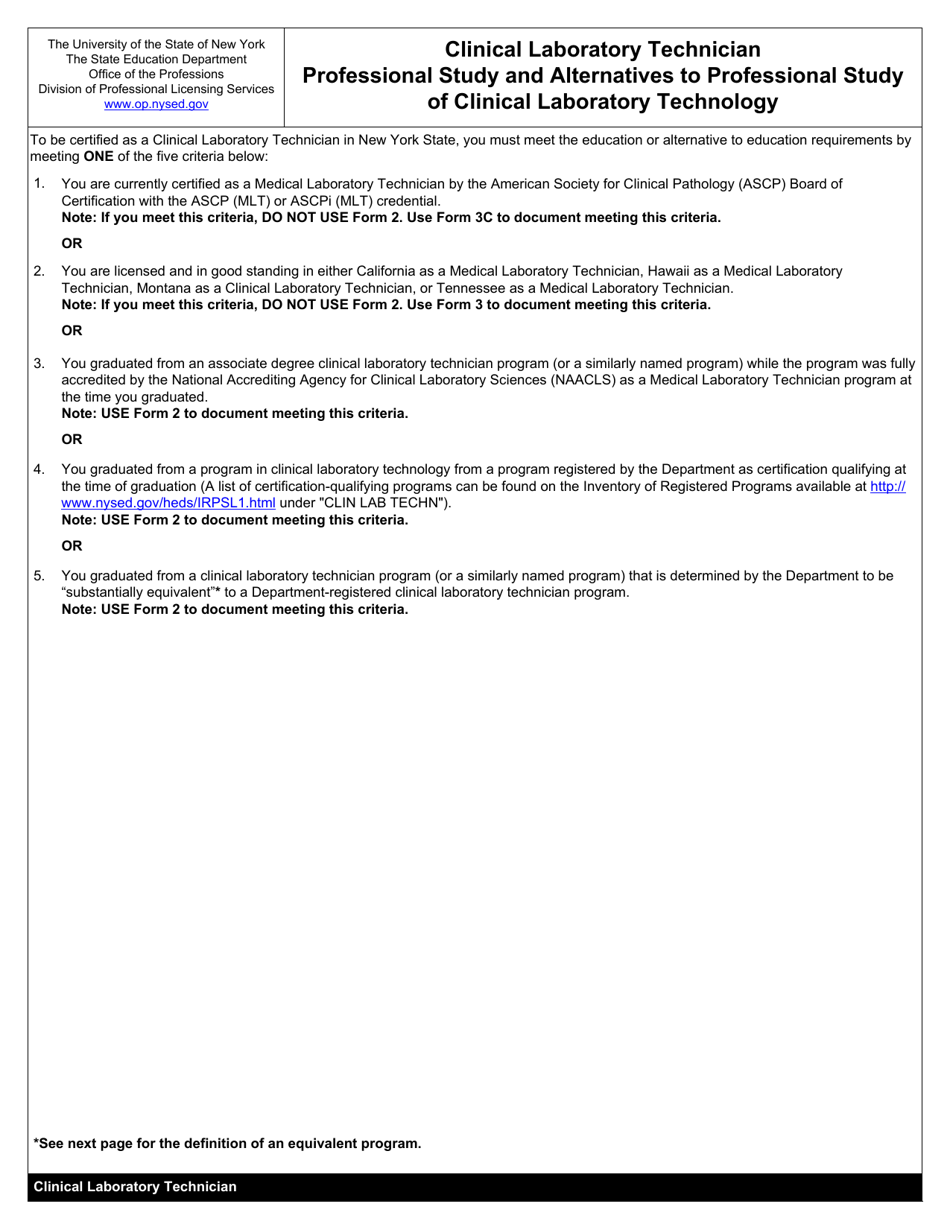 Clinical Laboratory Technician Form 2 Certification of Professional Education - New York, Page 1