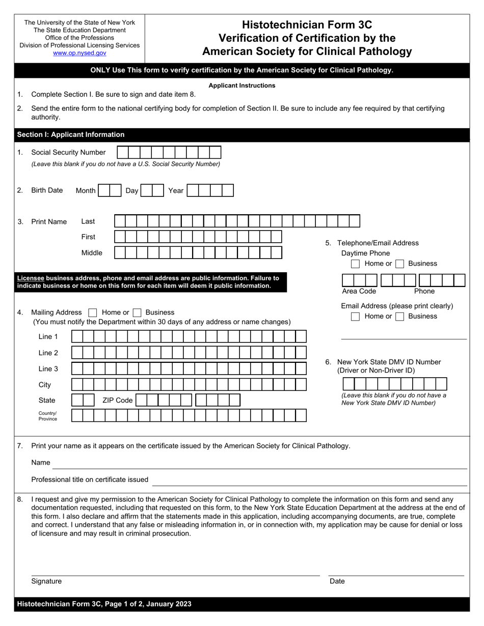 Histotechnician Form 3C Verification of Certification by the American Society for Clinical Pathology - New York, Page 1