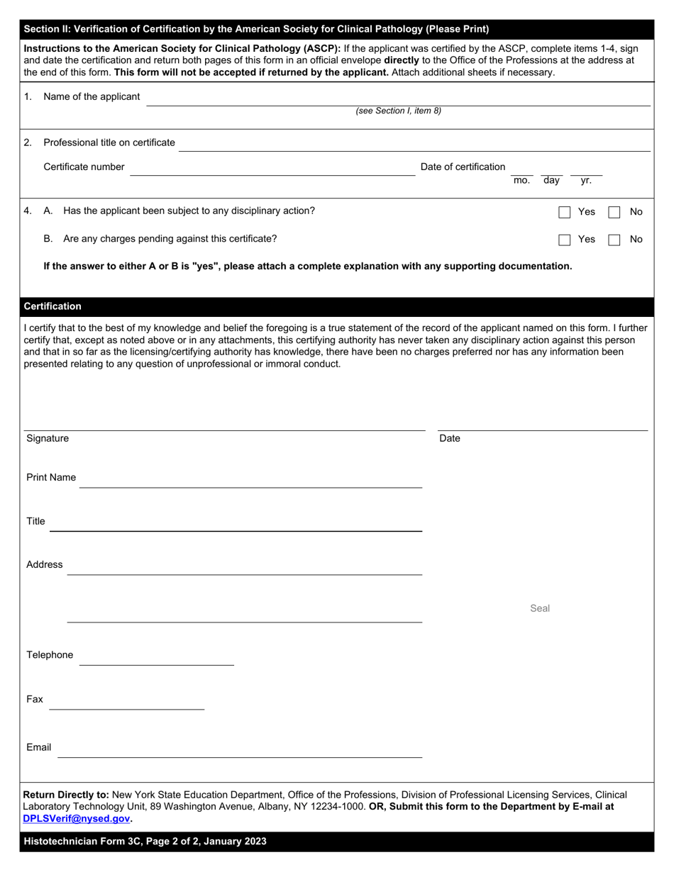 Histotechnician Form 3C Verification of Certification by the American Society for Clinical Pathology - New York, Page 2