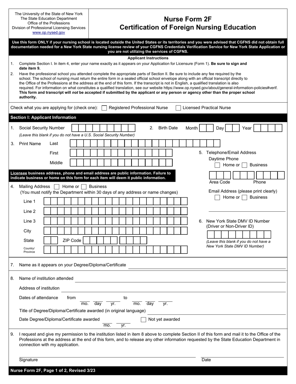 Nurse Form 2F Certification of Foreign Nursing Education - New York, Page 1