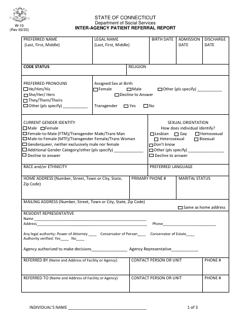 Form W-10 Inter-Agency Patient Referral Report - Connecticut