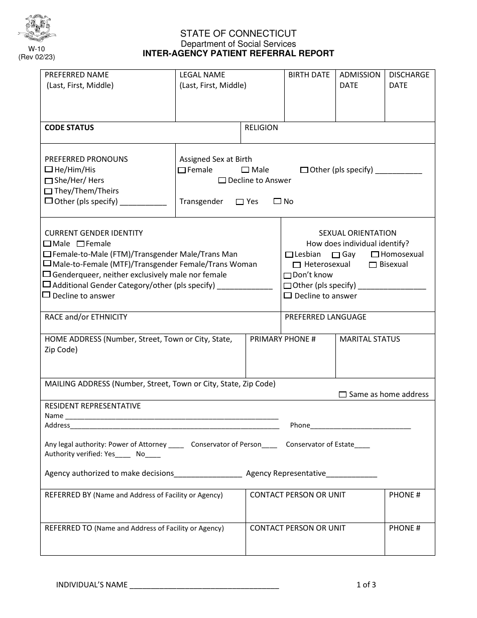 Form W-10 Inter-Agency Patient Referral Report - Connecticut, Page 1