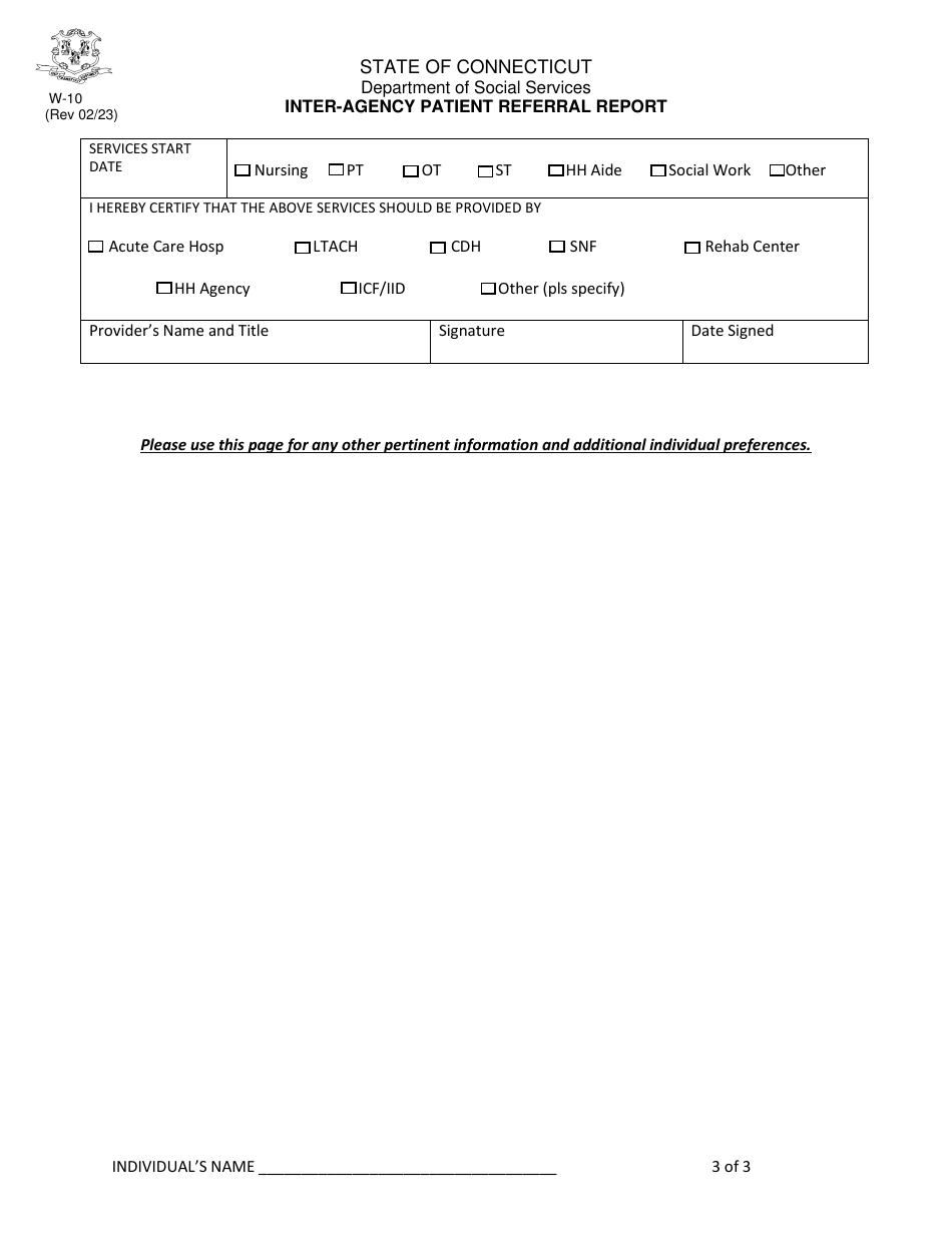 Form W-10 Inter-Agency Patient Referral Report - Connecticut, Page 3