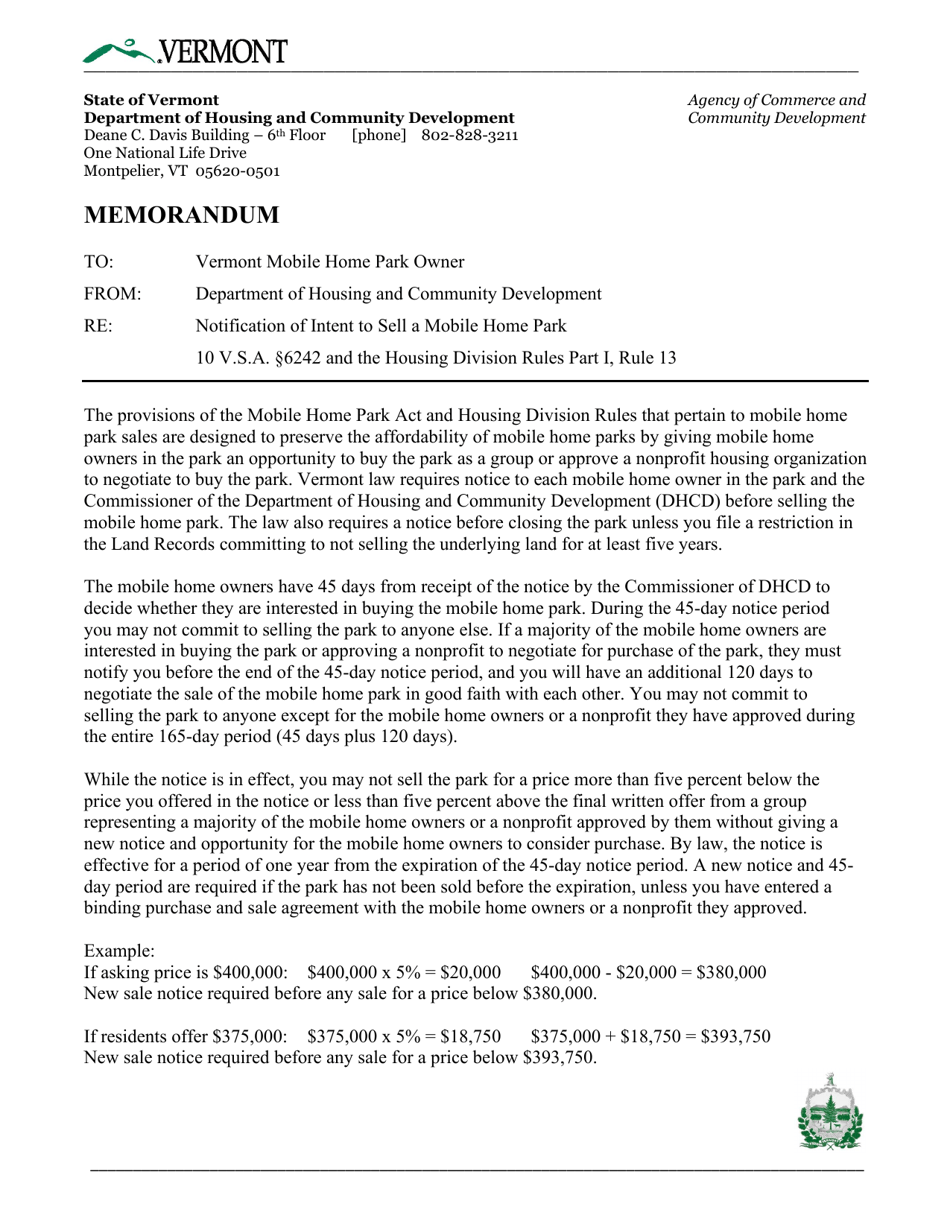 Notification of Intent to Sell a Mobile Home Park - Vermont, Page 1