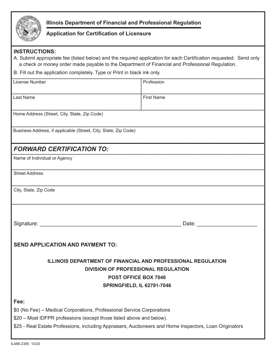 Form IL486-2385 Application for Certification of Licensure - Illinois, Page 1