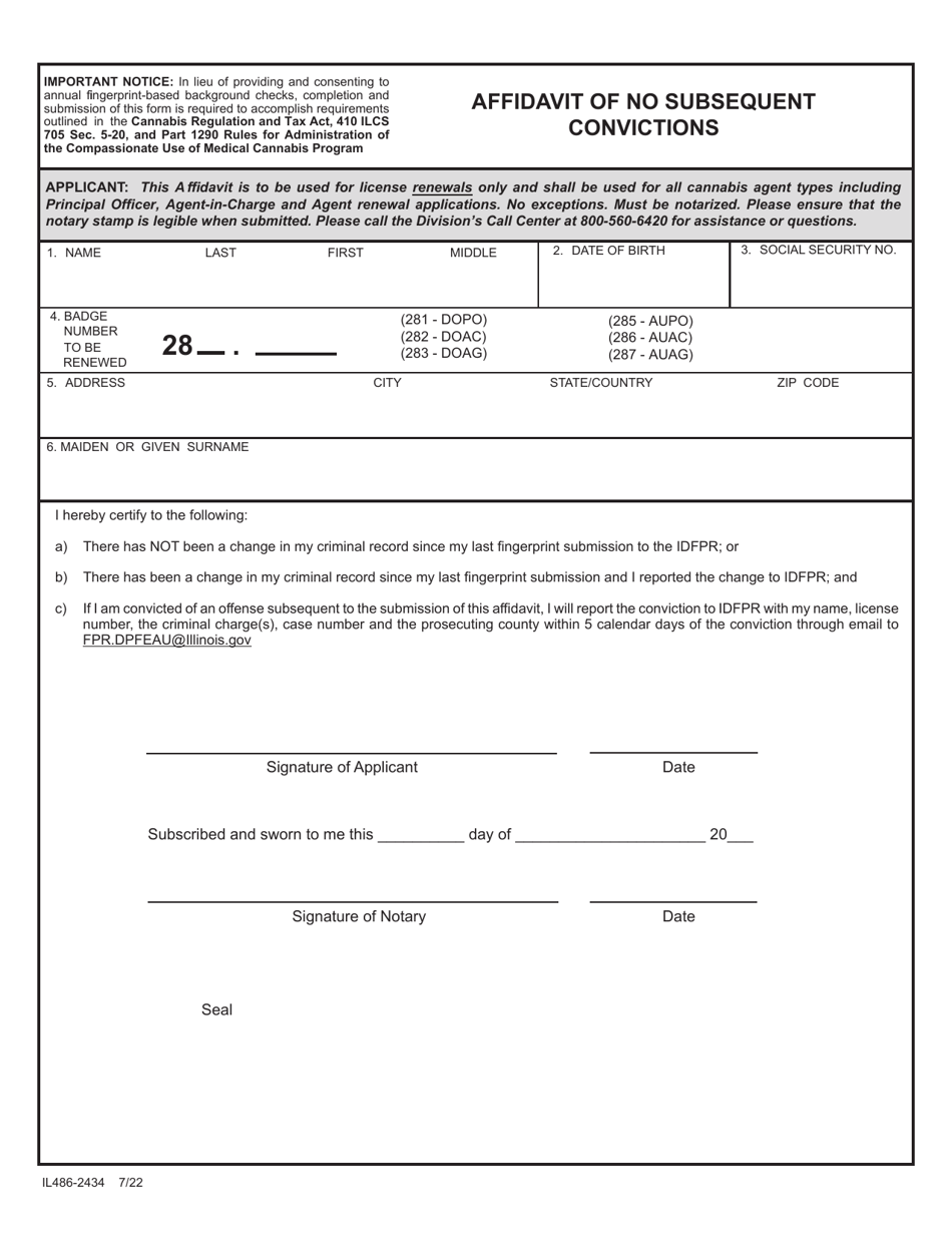 Form IL486-2434 Affidavit of No Subsequent Convictions - Illinois, Page 1