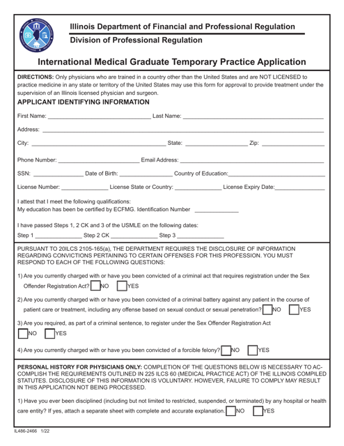 Form IL-486-2466 International Medical Graduate Temporary Practice Application - Illinois