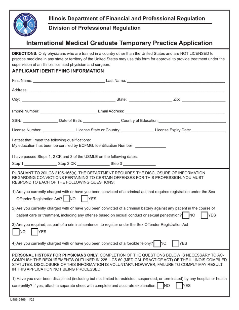 Form IL-486-2466 International Medical Graduate Temporary Practice Application - Illinois, Page 1