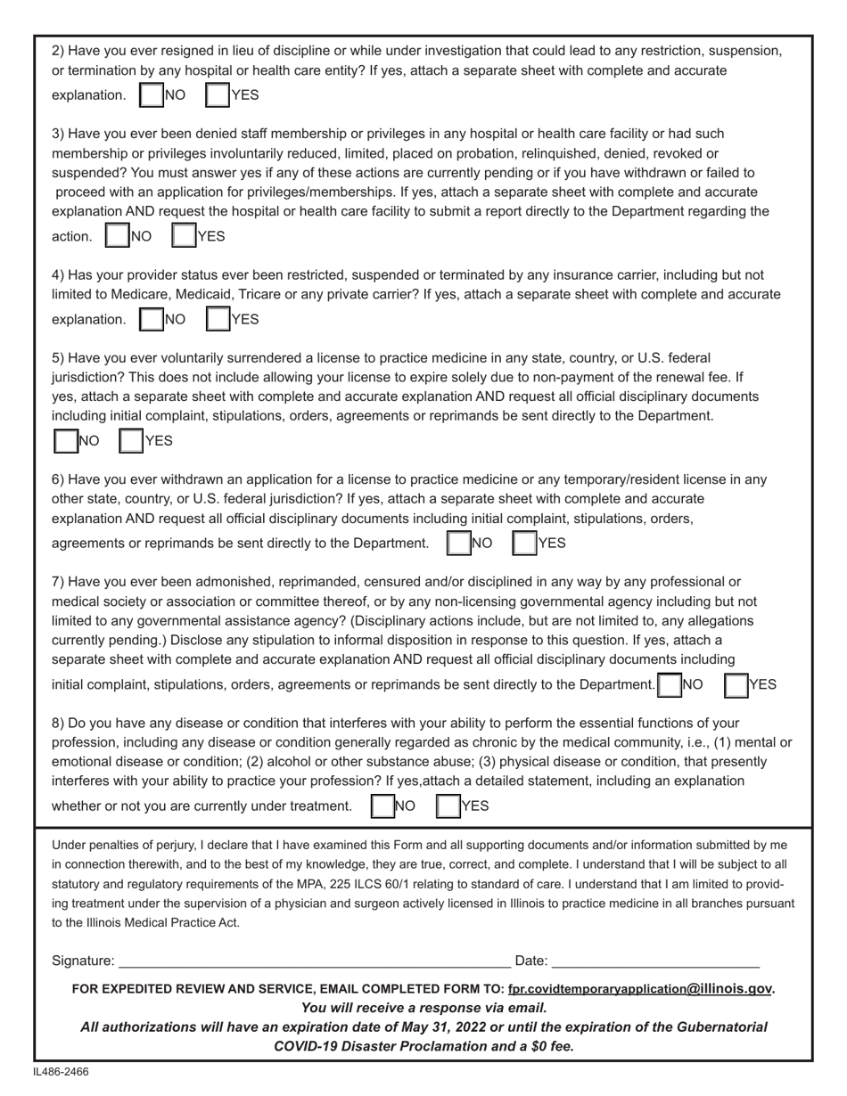 Form IL-486-2466 International Medical Graduate Temporary Practice Application - Illinois, Page 2