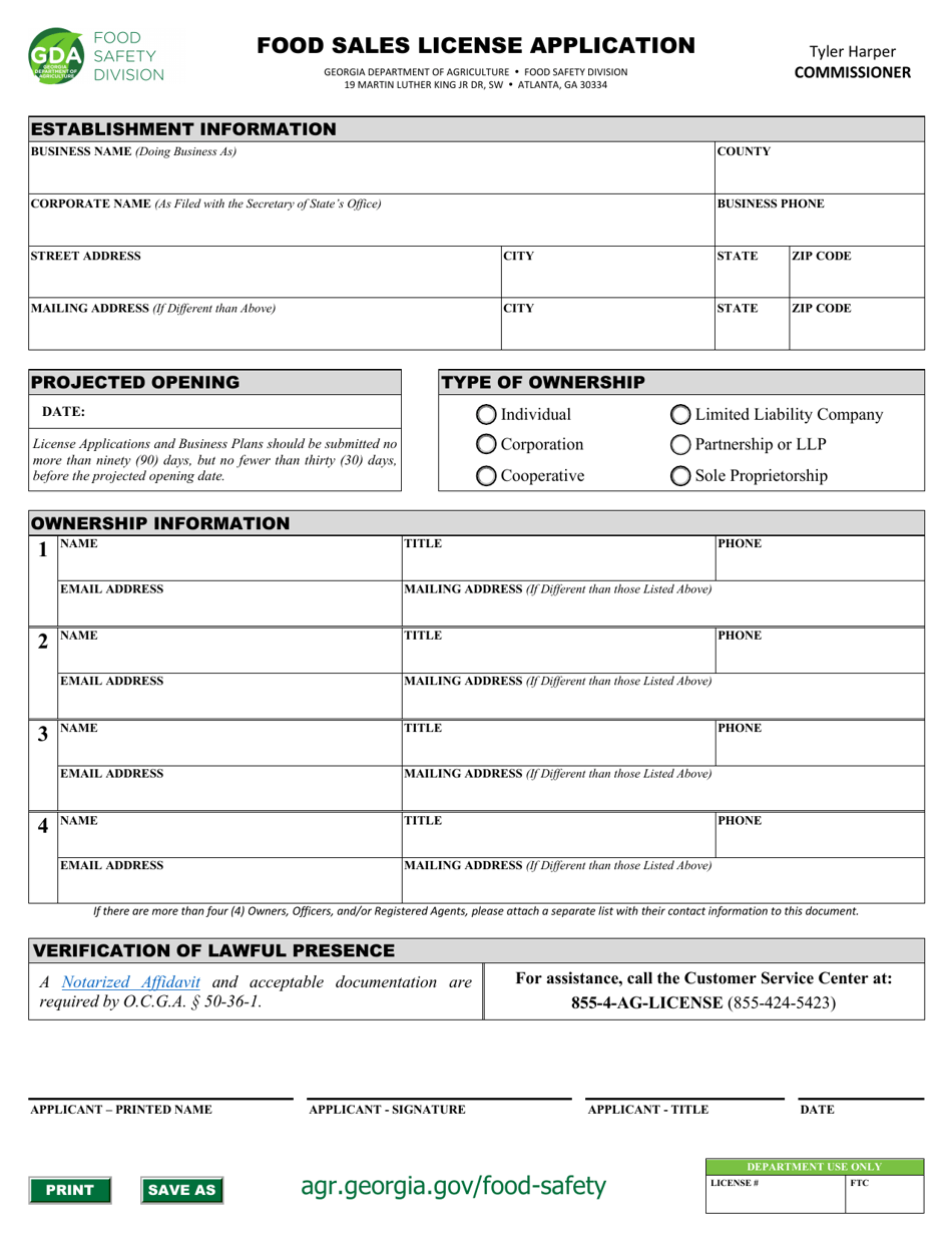 Food Sales License Application - Georgia (United States), Page 1