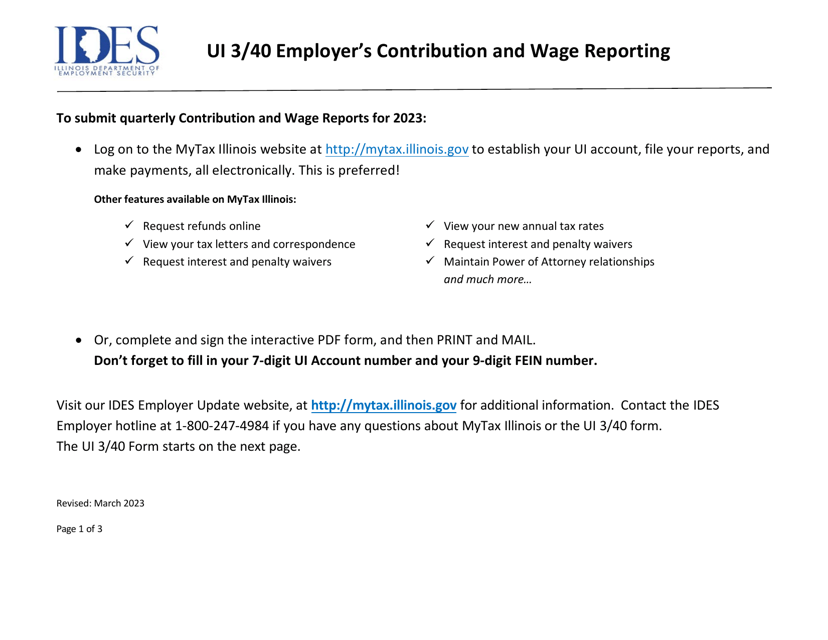 Form UI-3/40 Employer's Contribution and Wage Report - Illinois