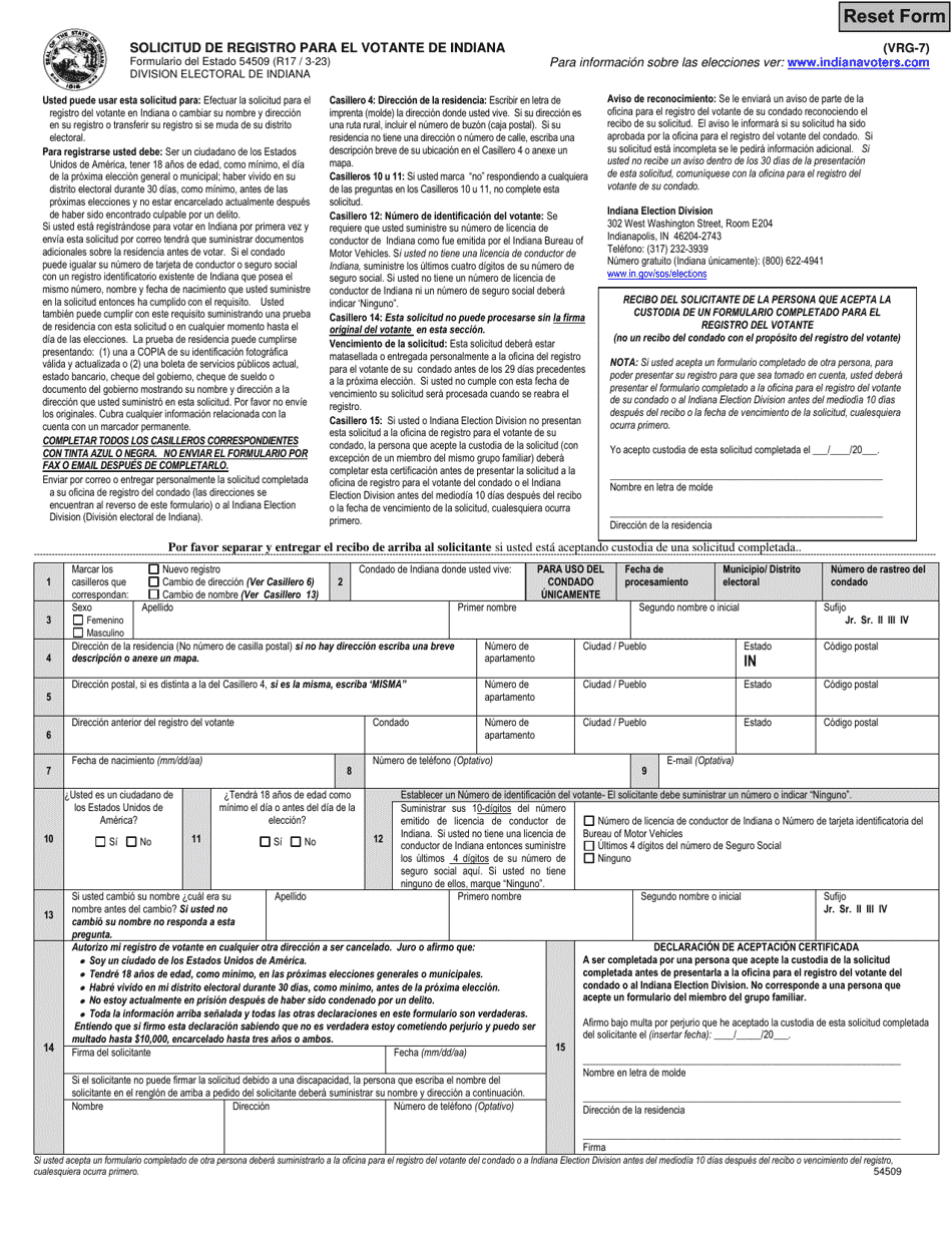 Formulario VRG-7 (State Formulario 54509) Solicitud De Registro Para El Votante De Indiana - Indiana (Spanish), Page 1