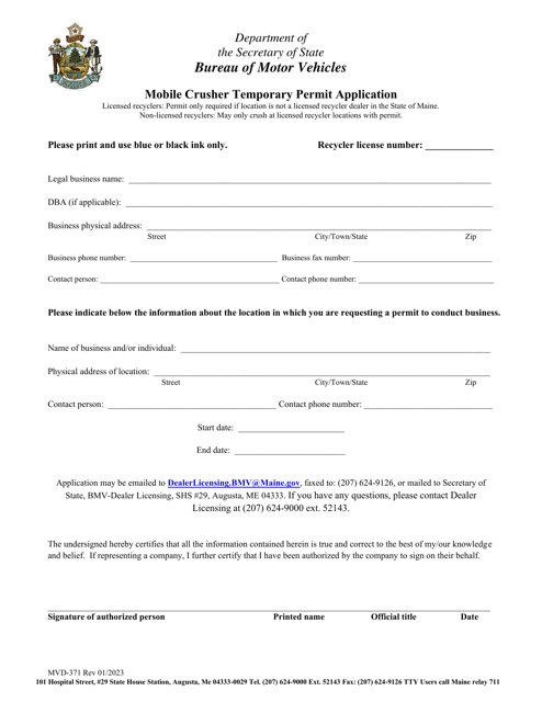 Form MVD-371 Mobile Crusher Temporary Permit Application - Maine