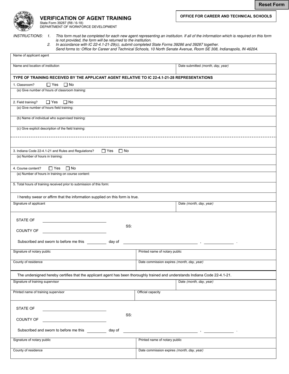 State Form 39287 Verification of Agent Training - Indiana, Page 1