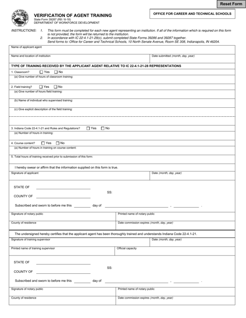 State Form 39287 Verification of Agent Training - Indiana