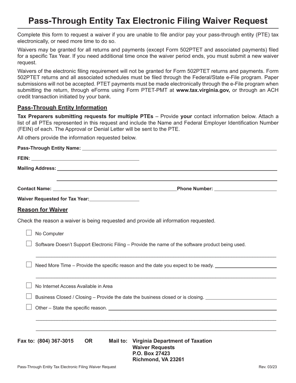 Virginia PassThrough Entity Tax Electronic Filing Waiver Request