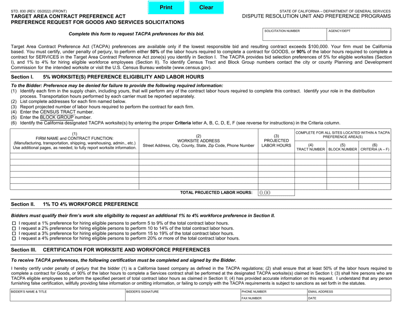 Form STD.830 Target Area Contract Preference Act Preference Request for Goods and Services Solicitations - California