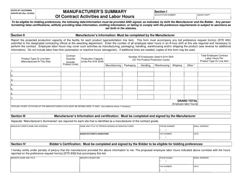 Form DGS/PD525 Manufacturer's Summary of Contract Activities and Labor Hours - California