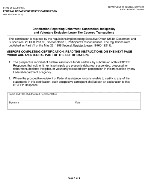Form DGS PD2 Federal Debarment Certification Form - California