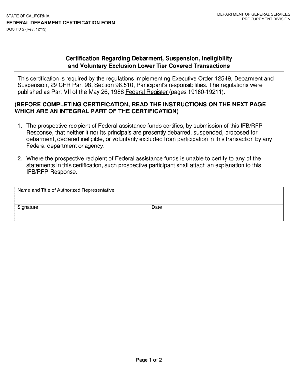 Form DGS PD2 Federal Debarment Certification Form - California, Page 1