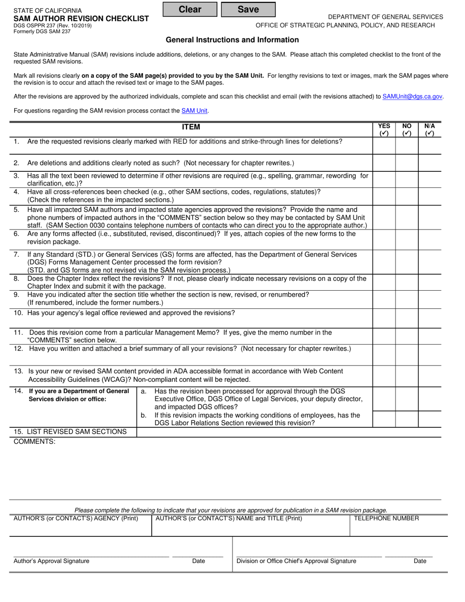Form DGS OSPPR237 Sam Author Revision Checklist - California, Page 1