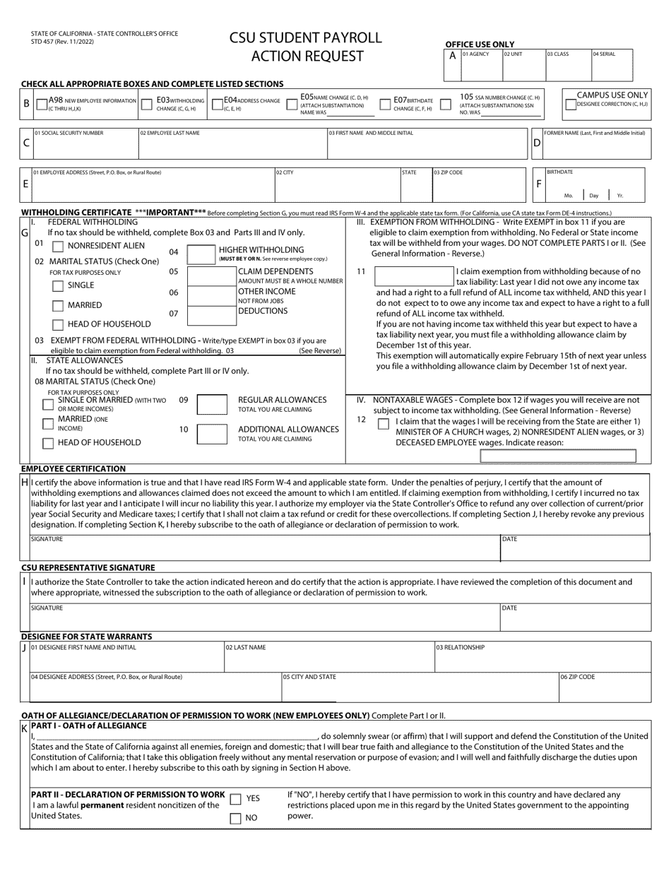 Form STD457 Csu Student Payroll Action Request - California, Page 1