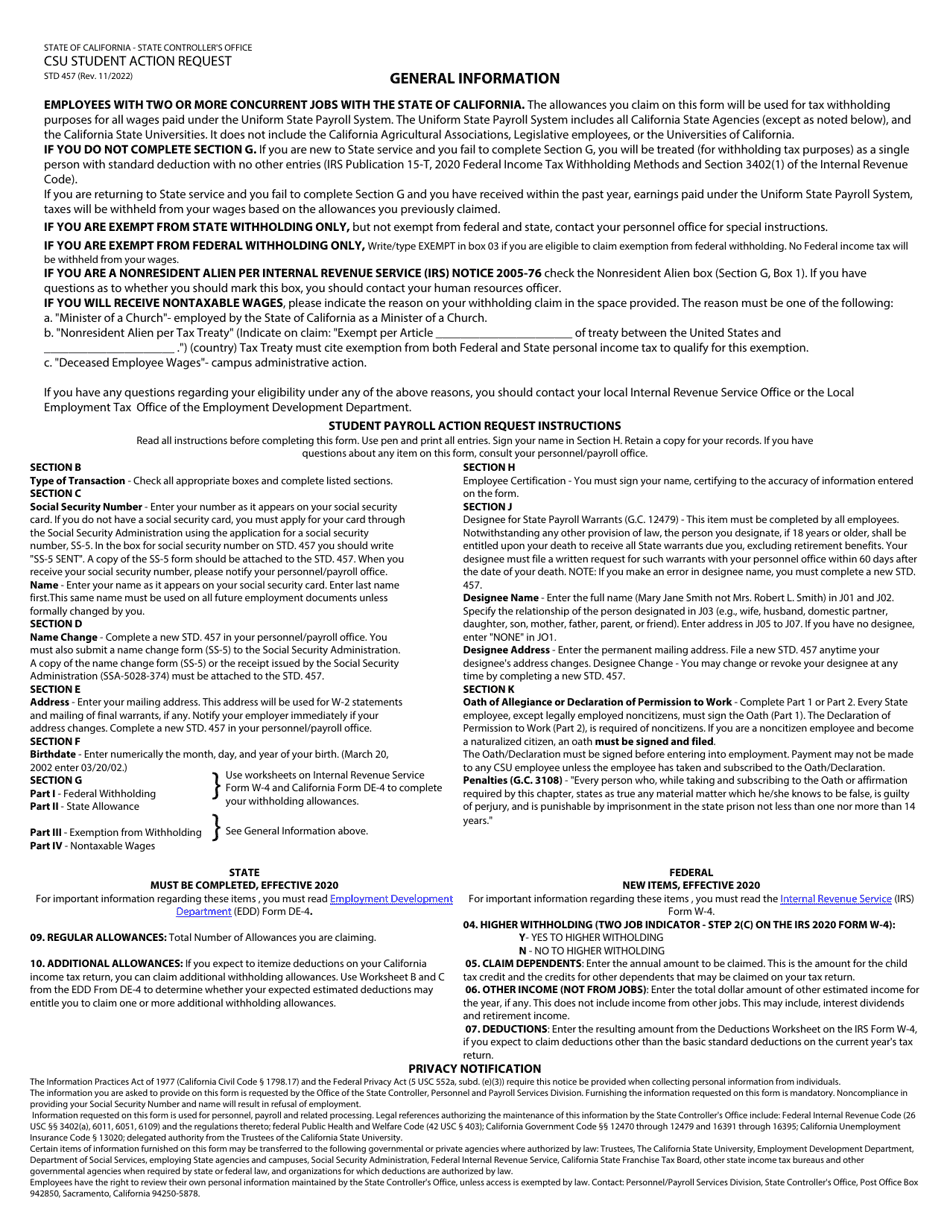 Form STD457 Csu Student Payroll Action Request - California, Page 2
